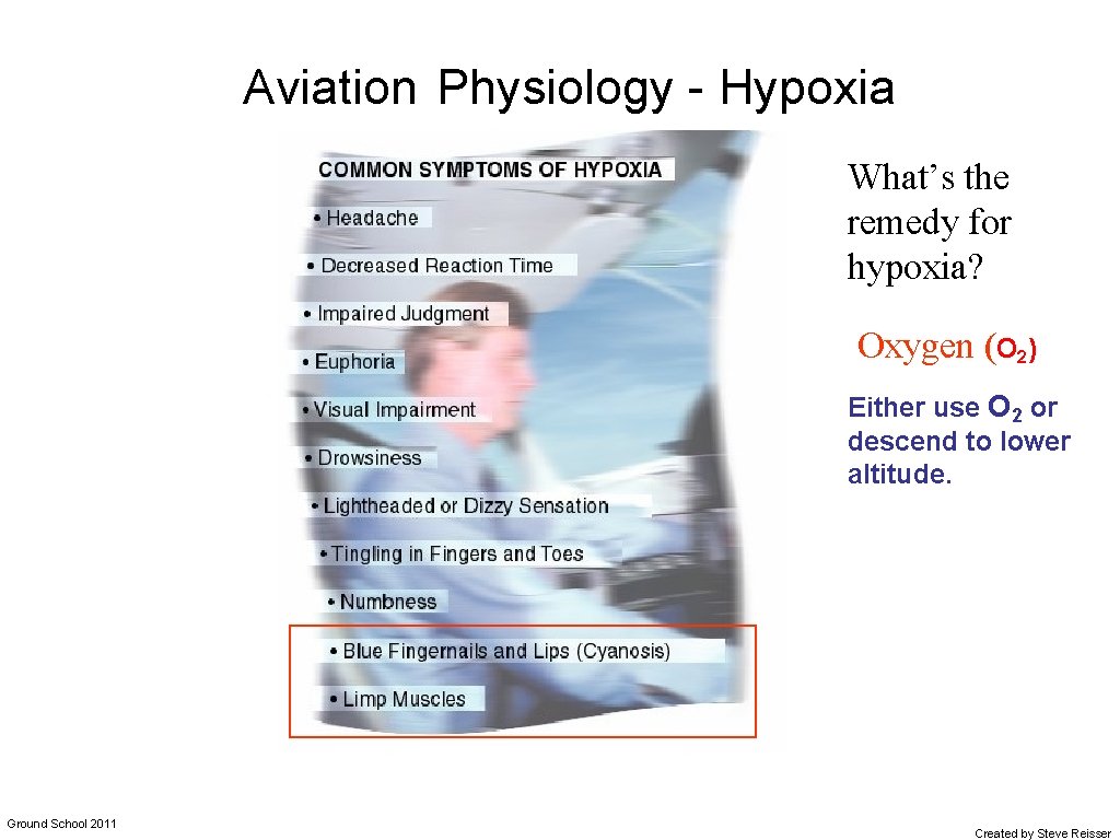 Aviation Physiology - Hypoxia What’s the remedy for hypoxia? Oxygen (O 2) Either use