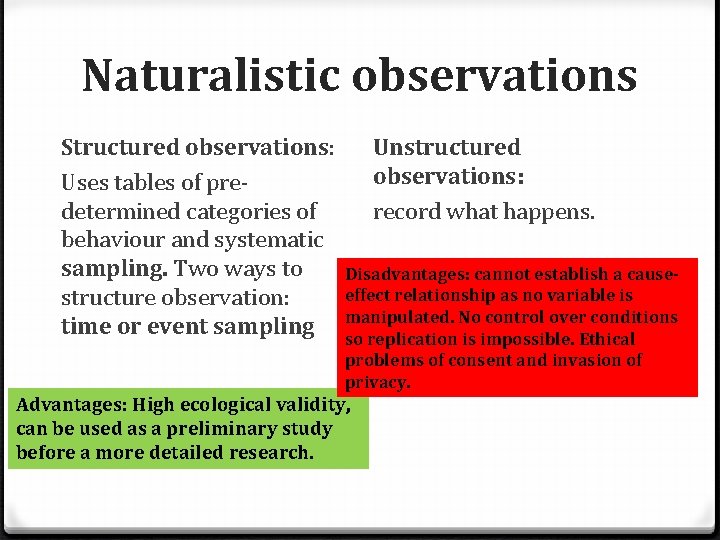 Naturalistic observations Structured observations: Unstructured observations: Uses tables of predetermined categories of record what