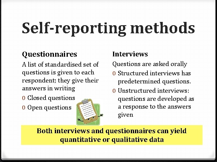 Self-reporting methods Questionnaires Interviews A list of standardised set of questions is given to