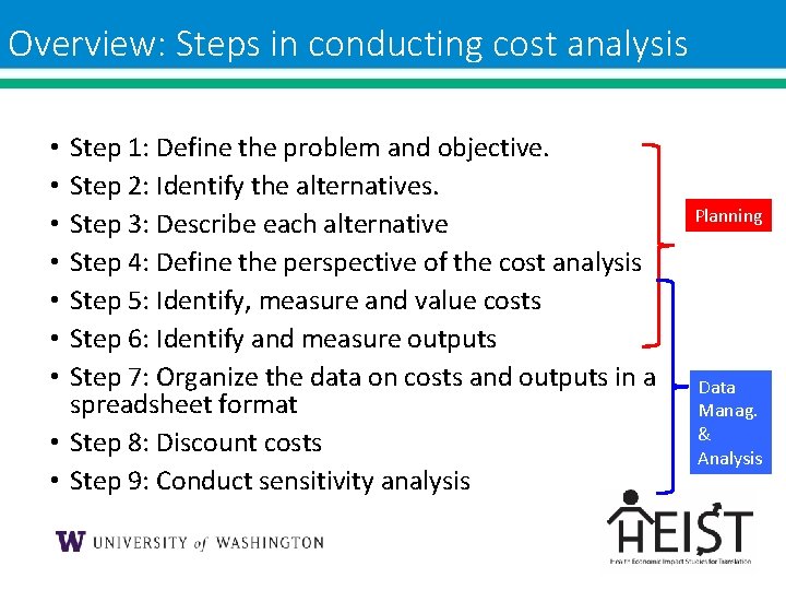 Overview: Steps in conducting cost analysis Step 1: Define the problem and objective. Step Overview: Steps in conducting cost analysis Step 1: Define the problem and objective. Step