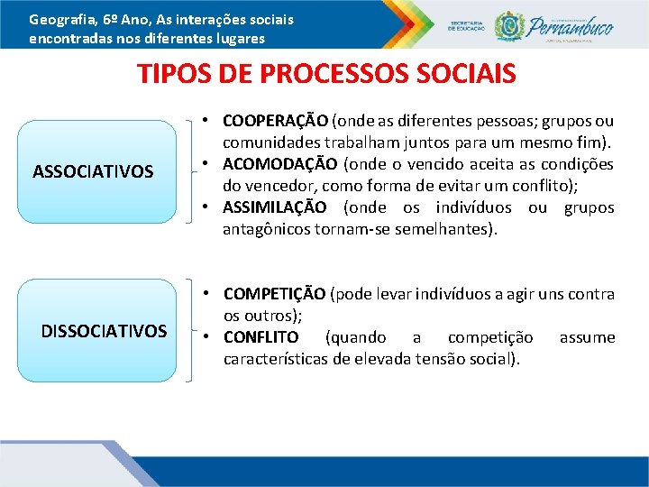 Geografia, 6º Ano, As interações sociais encontradas nos diferentes lugares TIPOS DE PROCESSOS SOCIAIS