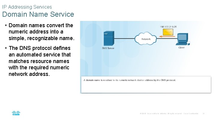 IP Addressing Services Domain Name Service § Domain names convert the numeric address into IP Addressing Services Domain Name Service § Domain names convert the numeric address into