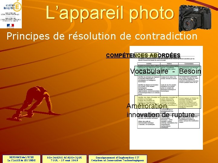 L’appareil photo Principes de résolution de contradiction COMPÉTENCES ABORDÉES Vocabulaire - Besoin Amélioration, innovation