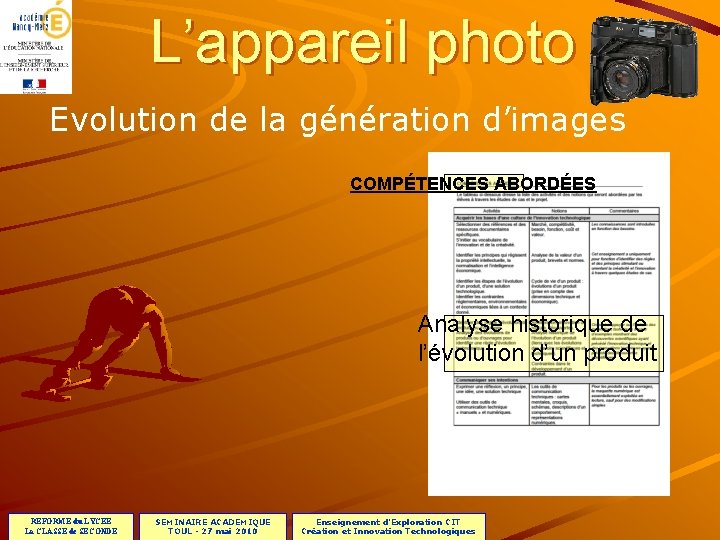 L’appareil photo Evolution de la génération d’images COMPÉTENCES ABORDÉES Analyse historique de l’évolution d’un