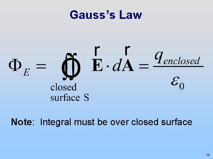Gauss’s Law Note: Integral must be over closed surface 16 