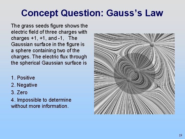 Concept Question: Gauss’s Law The grass seeds figure shows the electric field of three