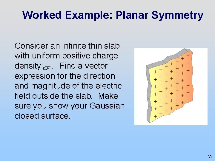 Worked Example: Planar Symmetry Consider an infinite thin slab with uniform positive charge density.