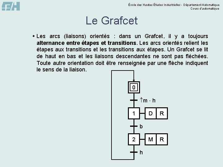 École des Hautes Études Industrielles - Département Automatique Cours d’automatique Le Grafcet w Les