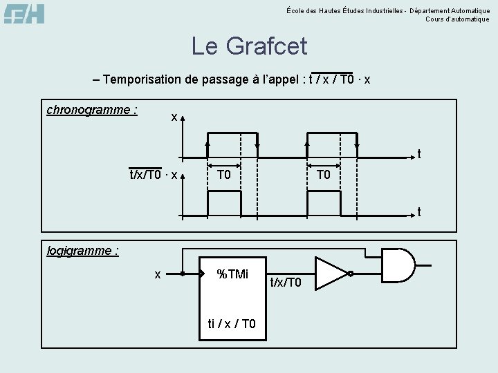 École des Hautes Études Industrielles - Département Automatique Cours d’automatique Le Grafcet – Temporisation