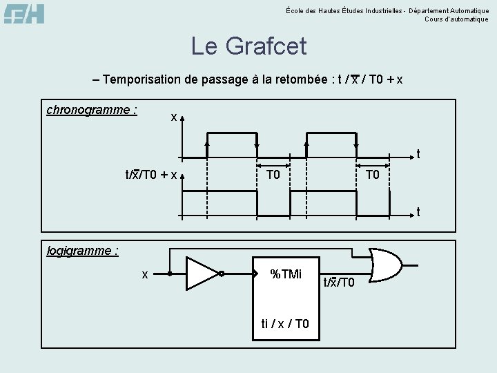 École des Hautes Études Industrielles - Département Automatique Cours d’automatique Le Grafcet – Temporisation