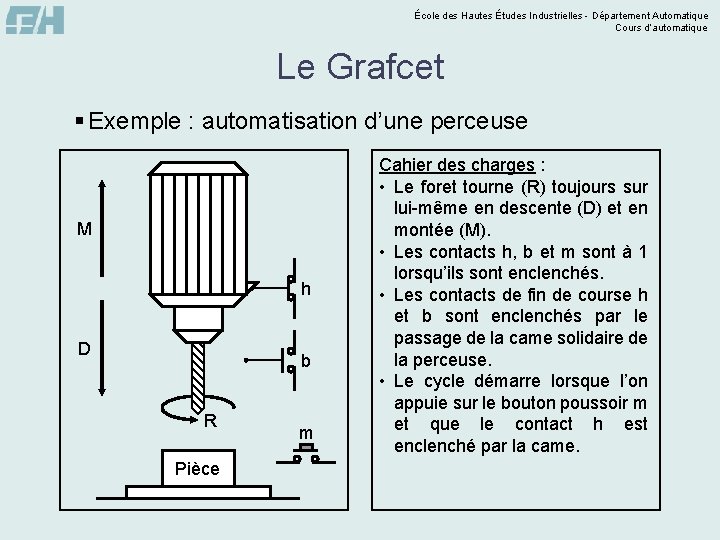 École des Hautes Études Industrielles - Département Automatique Cours d’automatique Le Grafcet § Exemple