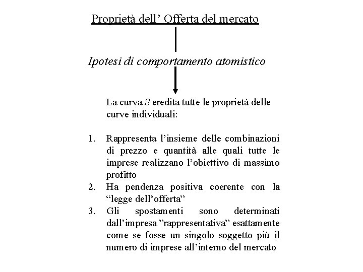 Proprietà dell’ Offerta del mercato Ipotesi di comportamento atomistico La curva S eredita tutte