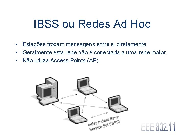 IBSS ou Redes Ad Hoc • Estações trocam mensagens entre si diretamente. • Geralmente