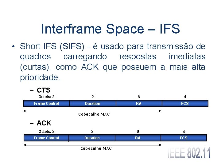 Interframe Space – IFS • Short IFS (SIFS) - é usado para transmissão de