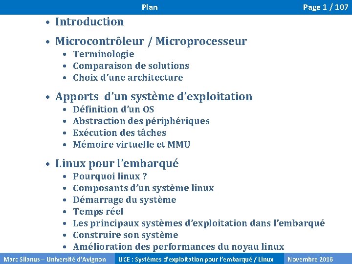 Plan Page 1 / 107 • Introduction • Microcontrôleur / Microprocesseur • Terminologie •