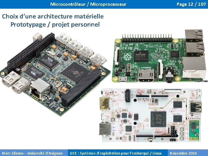 Microcontrôleur / Microprocesseur Page 12 / 107 Choix d’une architecture matérielle Prototypage / projet