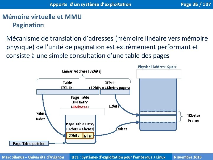 Apports d’un système d’exploitation Page 36 / 107 Mémoire virtuelle et MMU Pagination Mécanisme