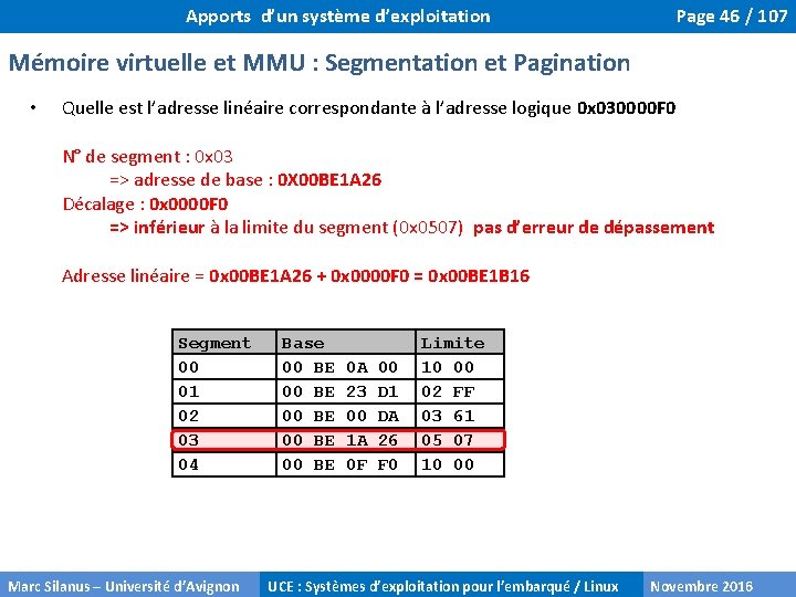 Apports d’un système d’exploitation Page 46 / 107 Mémoire virtuelle et MMU : Segmentation