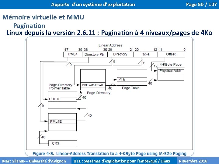 Apports d’un système d’exploitation Page 50 / 107 Mémoire virtuelle et MMU Pagination Linux