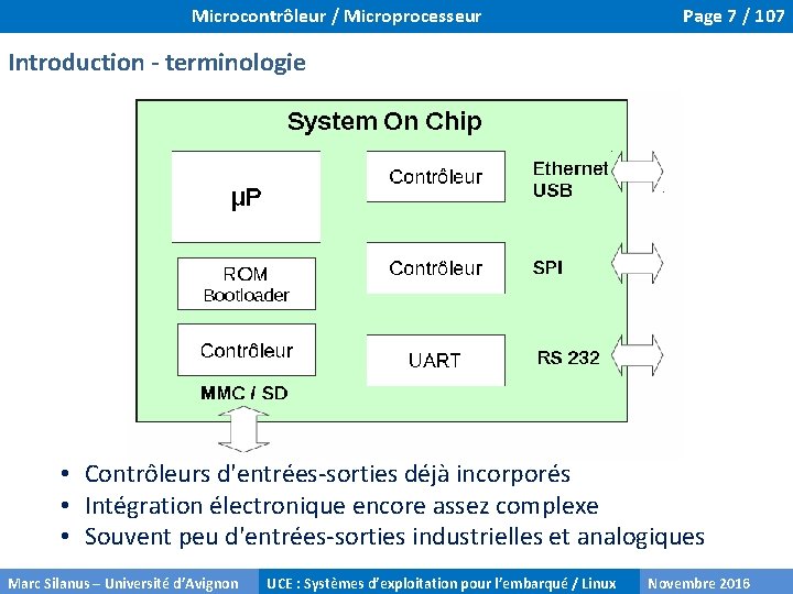 Microcontrôleur / Microprocesseur Page 7 / 107 Introduction - terminologie • Contrôleurs d'entrées‐sorties déjà