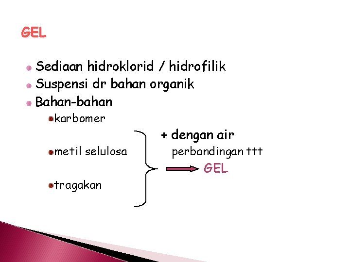 GEL Sediaan hidroklorid / hidrofilik Suspensi dr bahan organik Bahan-bahan karbomer metil selulosa tragakan