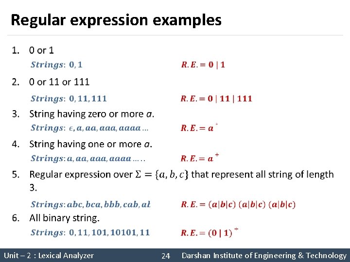 Regular expression examples § Unit – 2 : Lexical Analyzer 24 Darshan Institute of