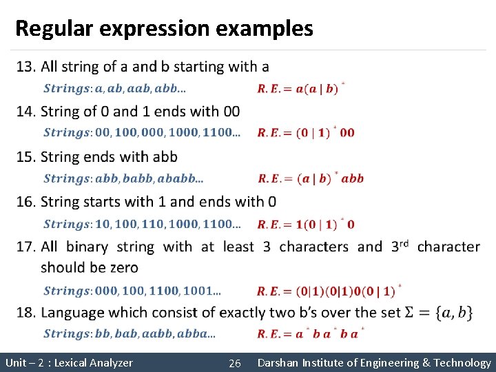 Regular expression examples § Unit – 2 : Lexical Analyzer 26 Darshan Institute of