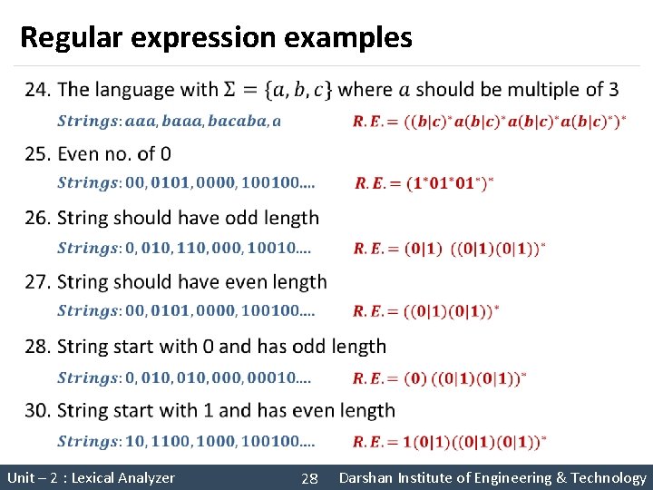 Regular expression examples § Unit – 2 : Lexical Analyzer 28 Darshan Institute of