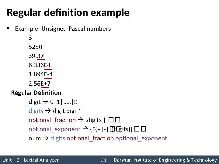 Regular definition example § Example: Unsigned Pascal numbers 3 5280 39. 37 6. 336