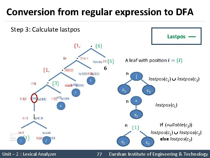 Conversion from regular expression to DFA Step 3: Calculate lastpos Lastpos . . n