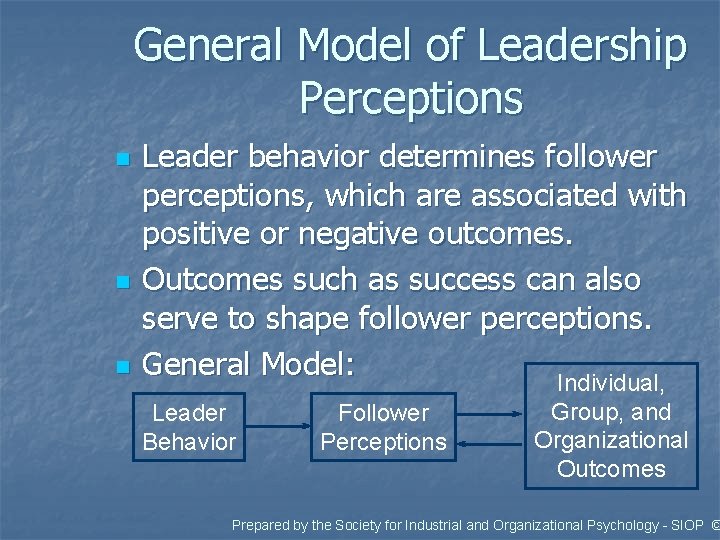 General Model of Leadership Perceptions n n n Leader behavior determines follower perceptions, which