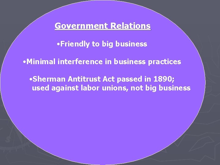 Government Relations • Friendly to big business • Minimal interference in business practices •