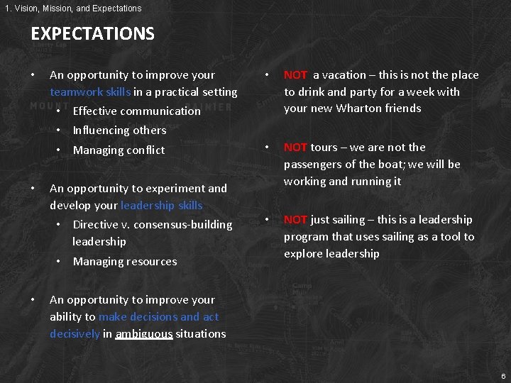 1. Vision, Mission, and Expectations EXPECTATIONS • An opportunity to improve your teamwork skills