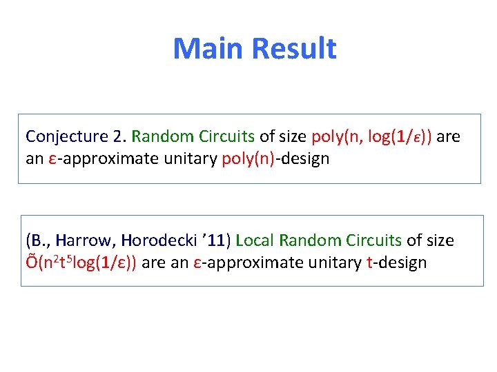 Main Result Conjecture 2. Random Circuits of size poly(n, log(1/ε)) are an ε-approximate unitary