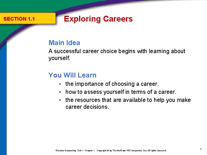 SECTION 1. 1 Exploring Careers Main Idea A successful career choice begins with learning