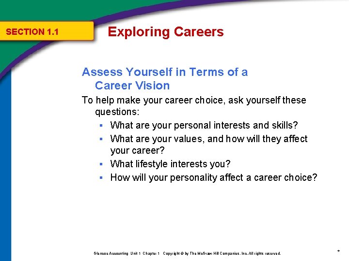 SECTION 1. 1 Exploring Careers Assess Yourself in Terms of a Career Vision To