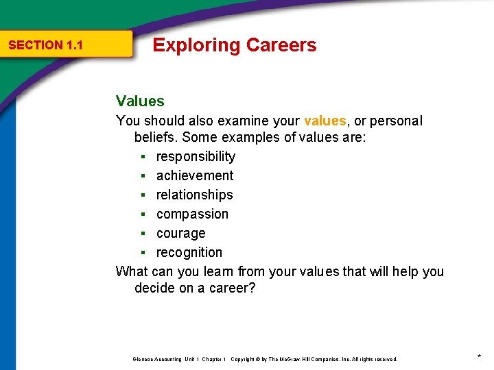 SECTION 1. 1 Exploring Careers Values You should also examine your values, or personal