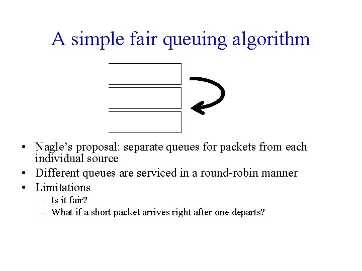 A simple fair queuing algorithm • Nagle’s proposal: separate queues for packets from each