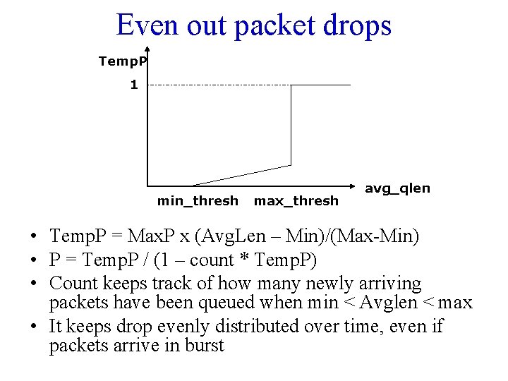 Even out packet drops Temp. P 1 min_thresh max_thresh avg_qlen • Temp. P =
