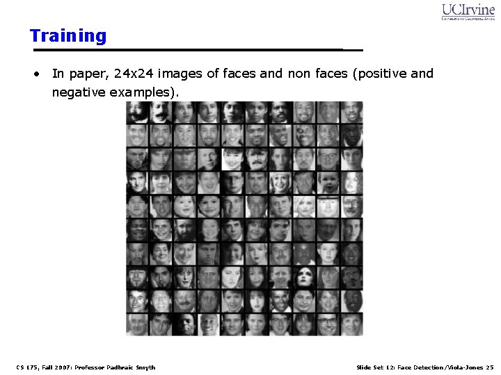 Training • In paper, 24 x 24 images of faces and non faces (positive