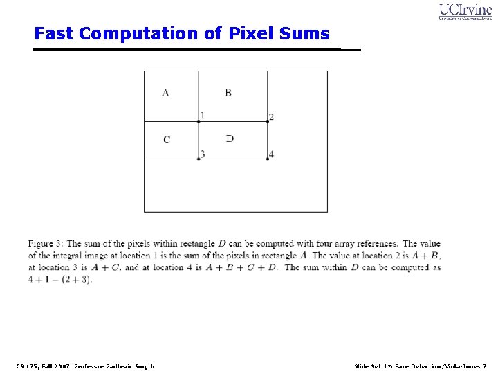 Fast Computation of Pixel Sums CS 175, Fall 2007: Professor Padhraic Smyth Slide Set