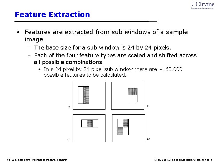 Feature Extraction • Features are extracted from sub windows of a sample image. –