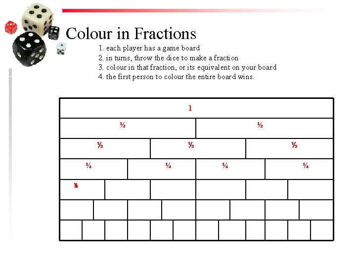 Colour in Fractions 1. each player has a game board 2. in turns, throw