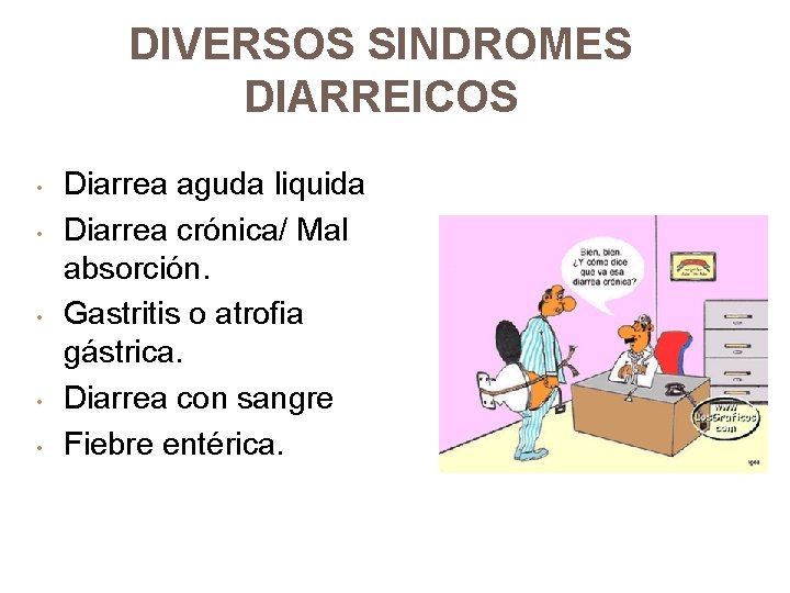 DIVERSOS SINDROMES DIARREICOS • • • Diarrea aguda liquida Diarrea crónica/ Mal absorción. Gastritis