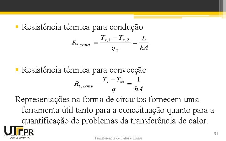 § Resistência térmica para condução § Resistência térmica para convecção Representações na forma de § Resistência térmica para condução § Resistência térmica para convecção Representações na forma de