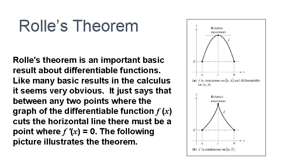 Rolle’s Theorem Rolle's theorem is an important basic result about differentiable functions. Like many