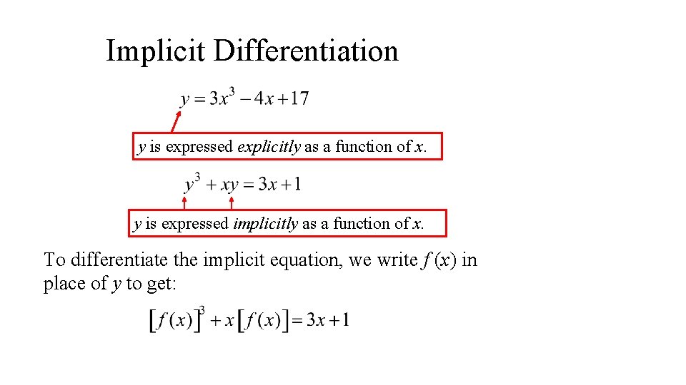 Implicit Differentiation y is expressed explicitly as a function of x. y is expressed