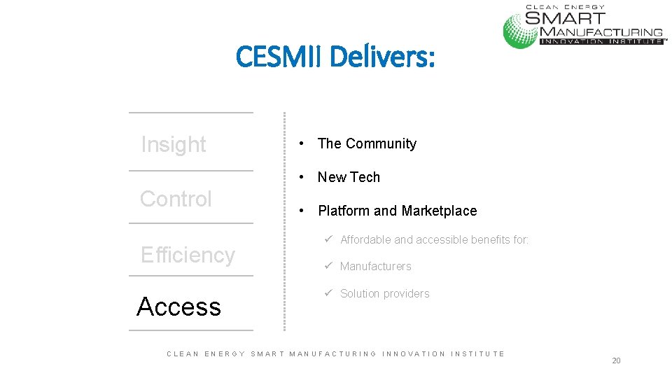 CESMII Delivers: Insight • The Community • New Tech Control Efficiency Access • Platform