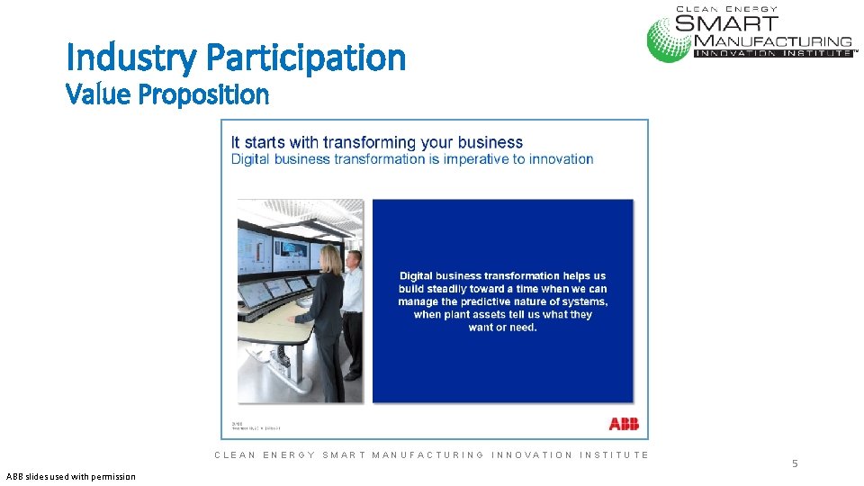 Industry Participation Value Proposition CLEAN ENERGY SMART MANUFACTURING INNOVATION INSTITUTE ABB slides used with