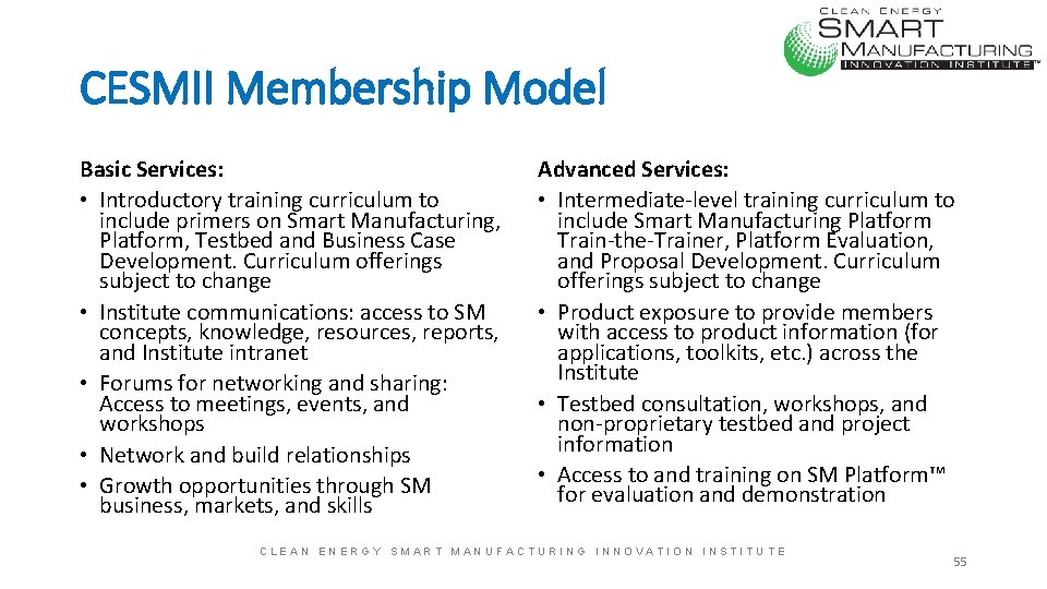 CESMII Membership Model Basic Services: • Introductory training curriculum to include primers on Smart